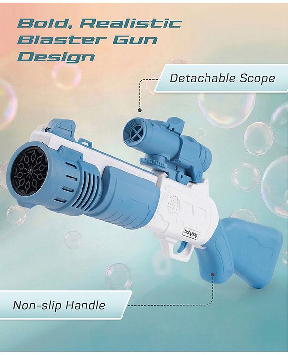 Babyhug Automatic Bubble Rifle Gun for Kids| LED Lights| 10 Hole Battery Operated Bubble Machine Toy & 100ml Bubble Solution| 3000+ Bubbles per Min|Bubble Blaster for Boys & Girls BIS Certified - Blue