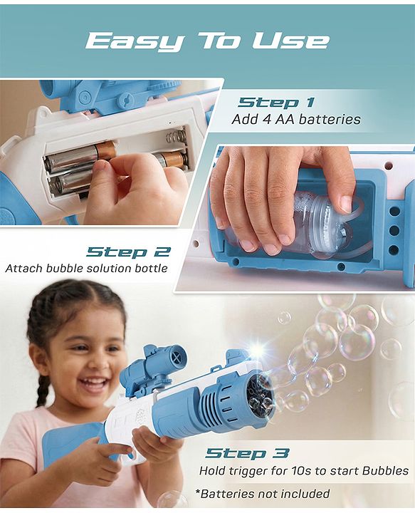 Babyhug Automatic Bubble Rifle Gun for Kids| LED Lights| 10 Hole Battery Operated Bubble Machine Toy & 100ml Bubble Solution| 3000+ Bubbles per Min|Bubble Blaster for Boys & Girls BIS Certified - Blue