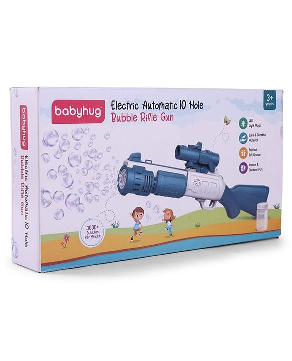 Babyhug Automatic Bubble Rifle Gun for Kids| LED Lights| 10 Hole Battery Operated Bubble Machine Toy & 100ml Bubble Solution| 3000+ Bubbles per Min|Bubble Blaster for Boys & Girls BIS Certified - Blue
