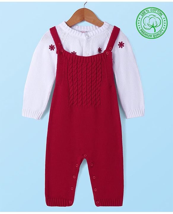 Babyhug Sweater Knit Winter Wear Solid Dungaree & Full Sleeves Inner Tee - Dark Red & White