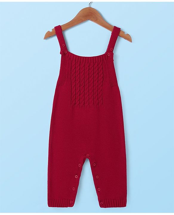 Babyhug Sweater Knit Winter Wear Solid Dungaree & Full Sleeves Inner Tee - Dark Red & White