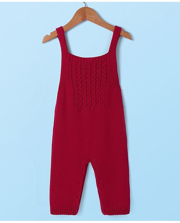 Babyhug Sweater Knit Winter Wear Solid Dungaree & Full Sleeves Inner Tee - Dark Red & White