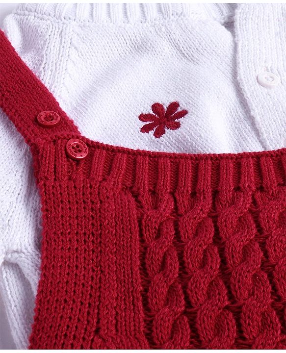 Babyhug Sweater Knit Winter Wear Solid Dungaree & Full Sleeves Inner Tee - Dark Red & White