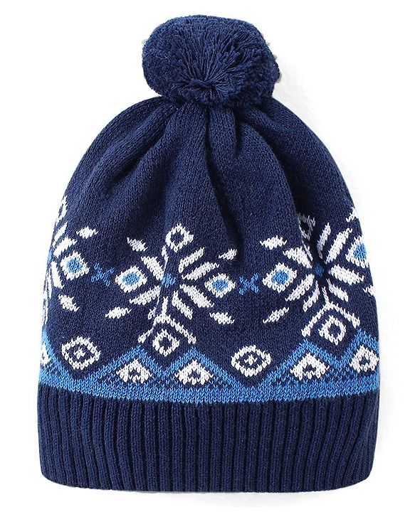 Babyhug Cotton Knit Full Sleeves Winter Wear Romper with Cap Floral Intarsia Design  - Navy Blue