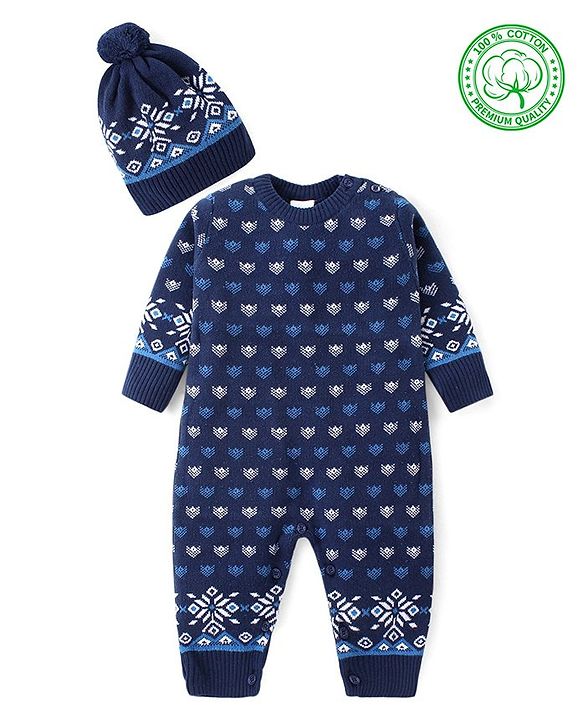 Babyhug Cotton Knit Full Sleeves Winter Wear Romper with Cap Floral Intarsia Design  - Navy Blue