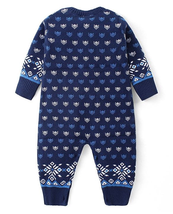 Babyhug Cotton Knit Full Sleeves Winter Wear Romper with Cap Floral Intarsia Design  - Navy Blue