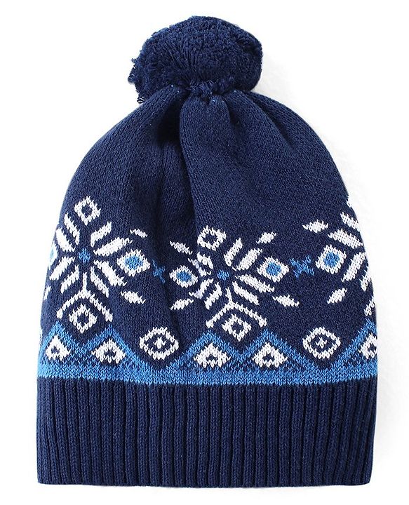 Babyhug Cotton Knit Full Sleeves Winter Wear Romper with Cap Floral Intarsia Design  - Navy Blue