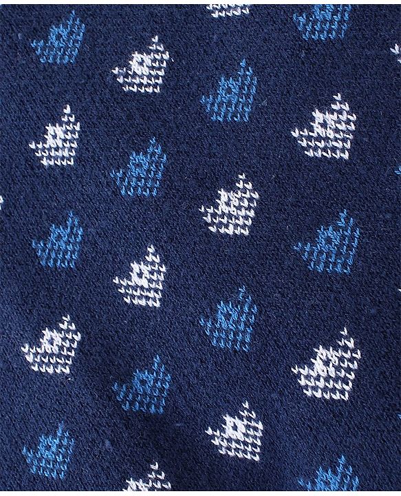 Babyhug Cotton Knit Full Sleeves Winter Wear Romper with Cap Floral Intarsia Design  - Navy Blue