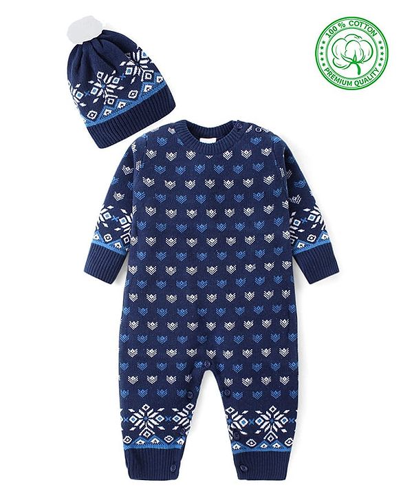 Babyhug Cotton Knit Full Sleeves Winter Wear Romper with Cap Floral Intarsia Design  - Navy Blue