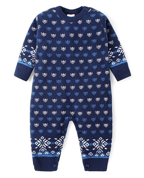 Babyhug Cotton Knit Full Sleeves Winter Wear Romper with Cap Floral Intarsia Design  - Navy Blue