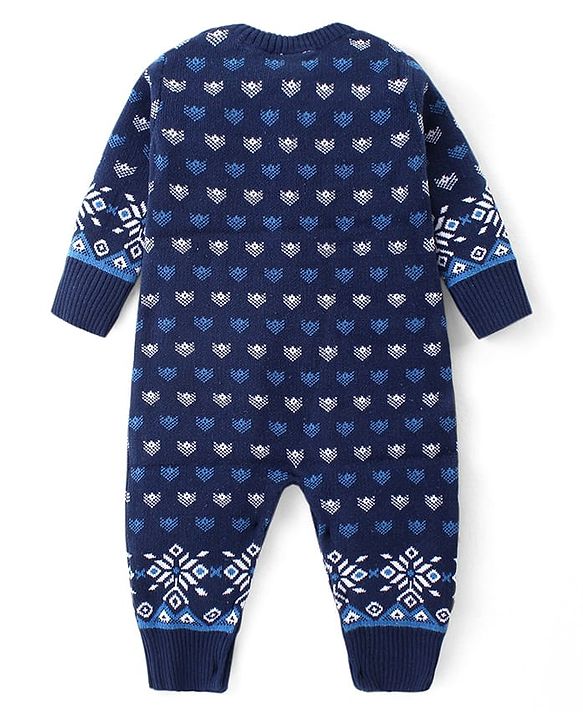 Babyhug Cotton Knit Full Sleeves Winter Wear Romper with Cap Floral Intarsia Design  - Navy Blue
