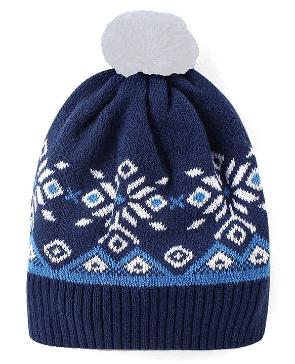 Babyhug Cotton Knit Full Sleeves Winter Wear Romper with Cap Floral Intarsia Design  - Navy Blue