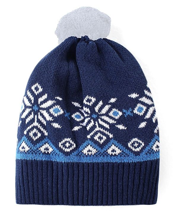 Babyhug Cotton Knit Full Sleeves Winter Wear Romper with Cap Floral Intarsia Design  - Navy Blue