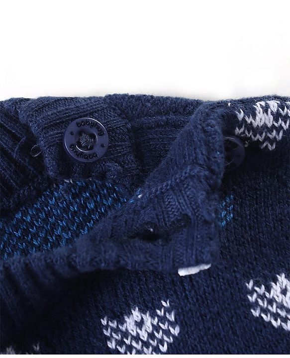 Babyhug Cotton Knit Full Sleeves Winter Wear Romper with Cap Floral Intarsia Design  - Navy Blue