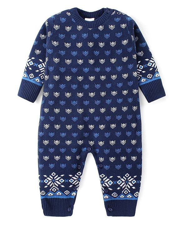 Babyhug Cotton Knit Full Sleeves Winter Wear Romper with Cap Floral Intarsia Design  - Navy Blue