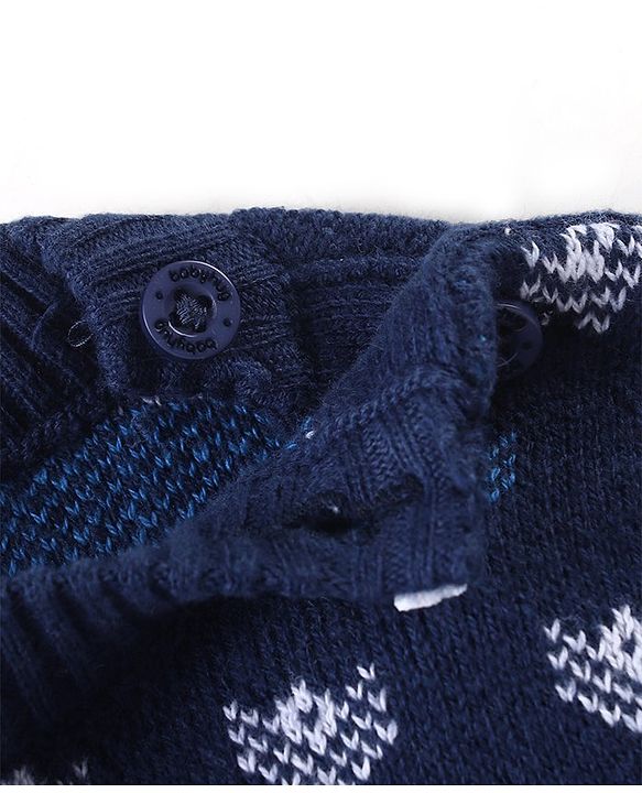 Babyhug Cotton Knit Full Sleeves Winter Wear Romper with Cap Floral Intarsia Design  - Navy Blue