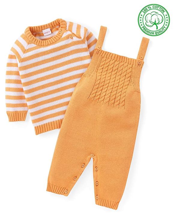 Babyhug Sweater Knit Winter Wear Dungaree & Full Raglan Sleeves Striped Inner Tee - Light Orange