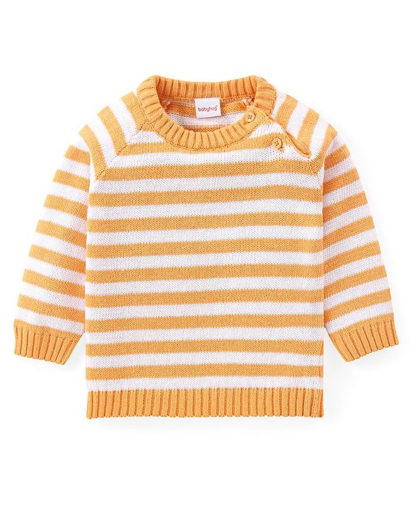 Babyhug Sweater Knit Winter Wear Dungaree & Full Raglan Sleeves Striped Inner Tee - Light Orange