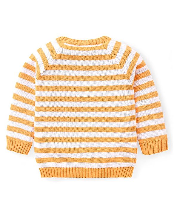 Babyhug Sweater Knit Winter Wear Dungaree & Full Raglan Sleeves Striped Inner Tee - Light Orange