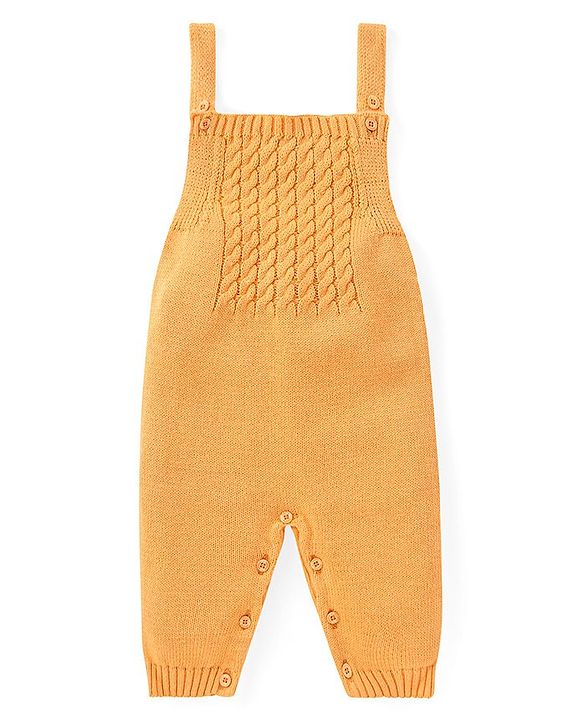 Babyhug Sweater Knit Winter Wear Dungaree & Full Raglan Sleeves Striped Inner Tee - Light Orange