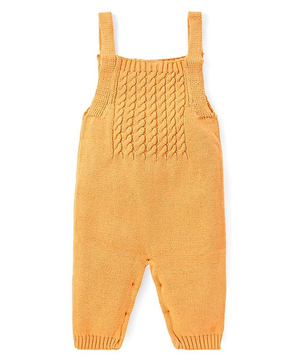 Babyhug Sweater Knit Winter Wear Dungaree & Full Raglan Sleeves Striped Inner Tee - Light Orange
