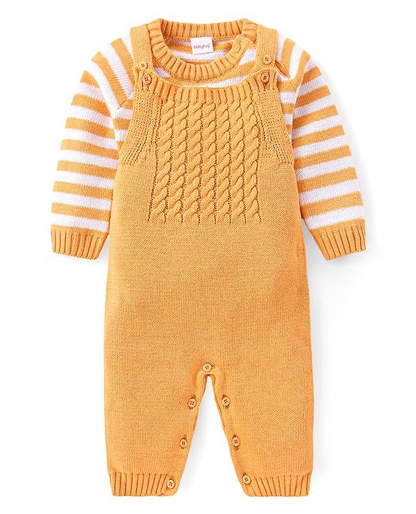 Babyhug Sweater Knit Winter Wear Dungaree & Full Raglan Sleeves Striped Inner Tee - Light Orange