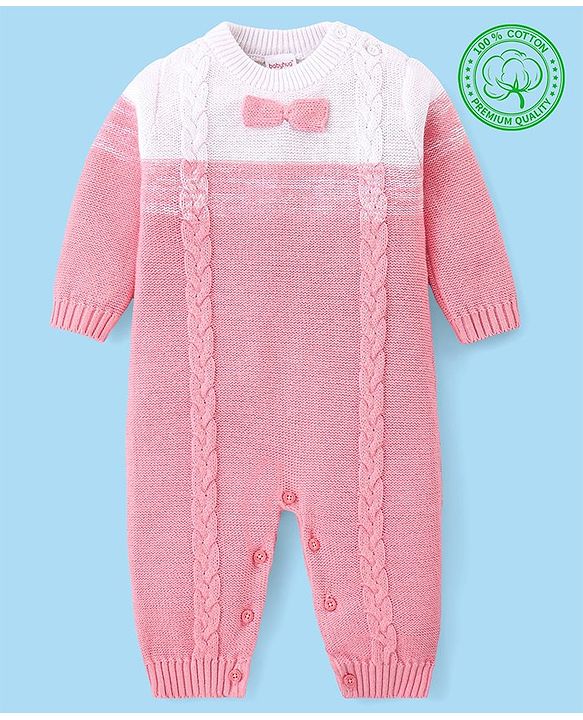 Babyhug Cotton Knit Full Sleeves Winter Romper with Cable Knit Design - Pink