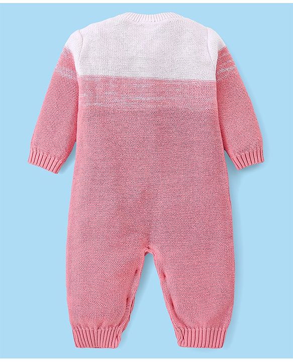Babyhug Cotton Knit Full Sleeves Winter Romper with Cable Knit Design - Pink