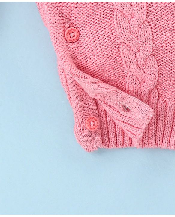 Babyhug Cotton Knit Full Sleeves Winter Romper with Cable Knit Design - Pink