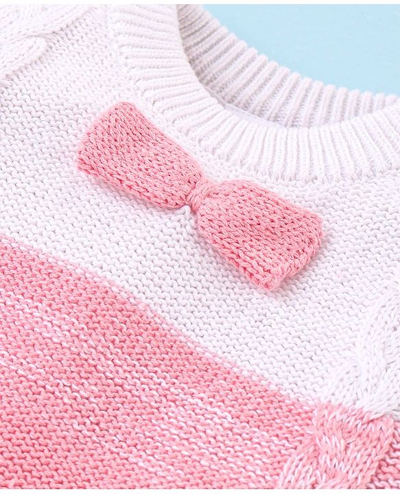 Babyhug Cotton Knit Full Sleeves Winter Romper with Cable Knit Design - Pink