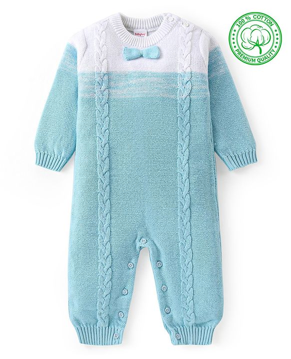 Babyhug Cotton Knit Full Sleeves Winter Wear Romper With Cable Knit Design Bow Applique - Sky Blue