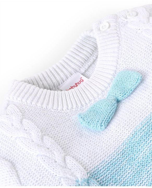 Babyhug Cotton Knit Full Sleeves Winter Wear Romper With Cable Knit Design Bow Applique - Sky Blue