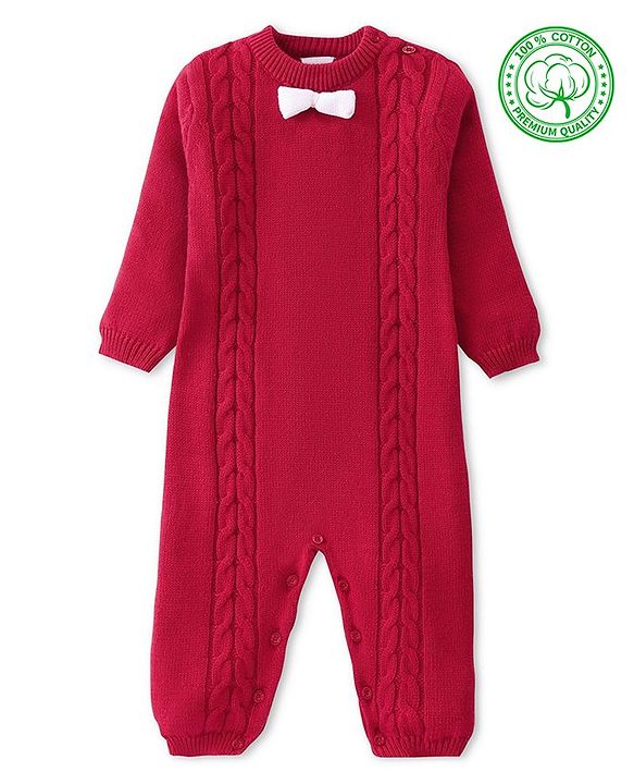 Babyhug Sweater Knitted Full Sleeves Winter Wear Romper With Cable Knit Design & Bow - Red