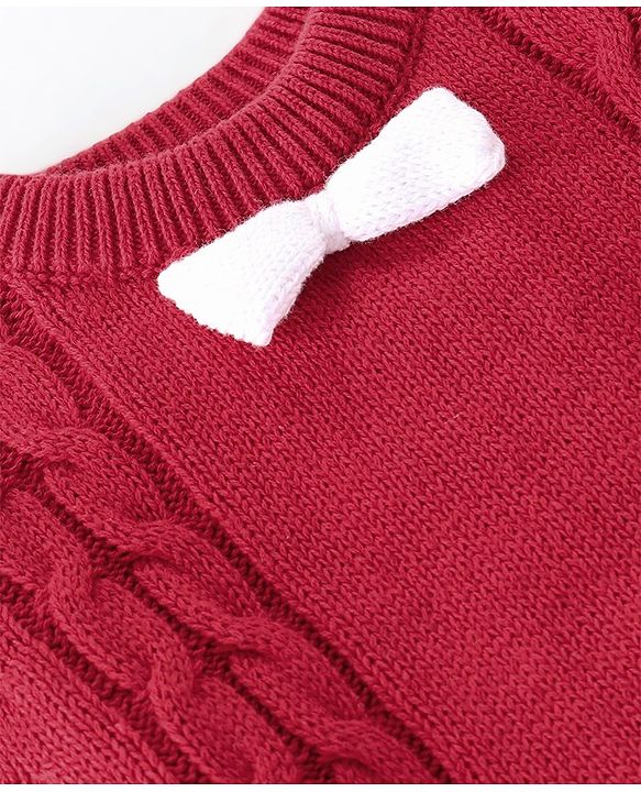 Babyhug Sweater Knitted Full Sleeves Winter Wear Romper With Cable Knit Design & Bow - Red