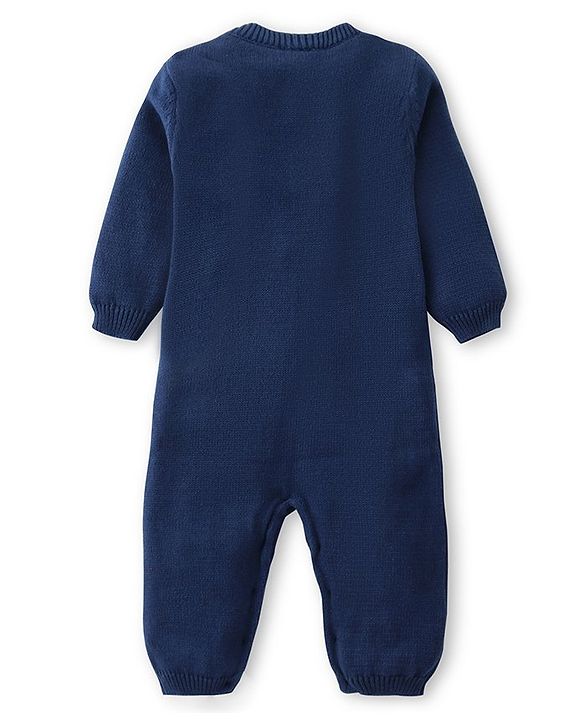 Babyhug Sweater Knitted Full Sleeves Winter Wear Romper With Cable Knit Design & Bow - Navy Blue
