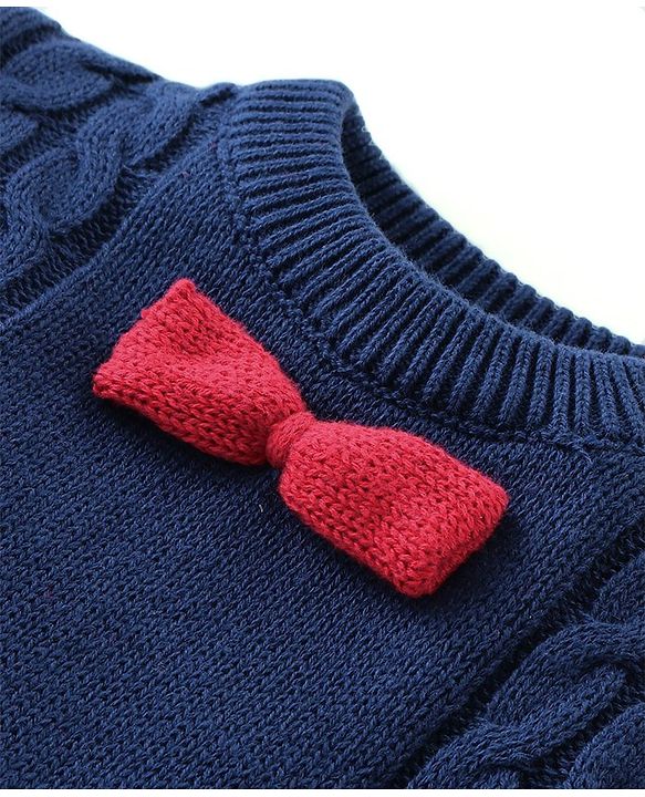 Babyhug Sweater Knitted Full Sleeves Winter Wear Romper With Cable Knit Design & Bow - Navy Blue