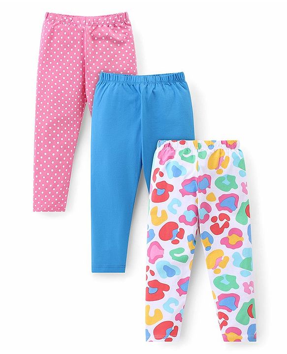 Babyhug Cotton Lycra Knit Stretchable Leggings with Polka Dots Print Pack of 3 - Multicolour