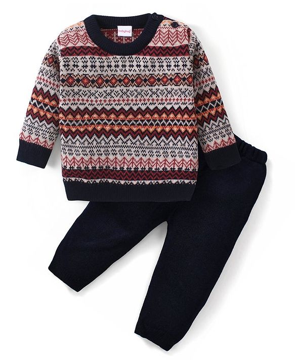 Babyhug Knitted Full Sleeves Pullover Sweater Set with Aztec Design - Multicolour