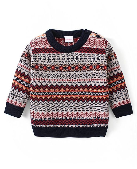 Babyhug Knitted Full Sleeves Pullover Sweater Set with Aztec Design - Multicolour
