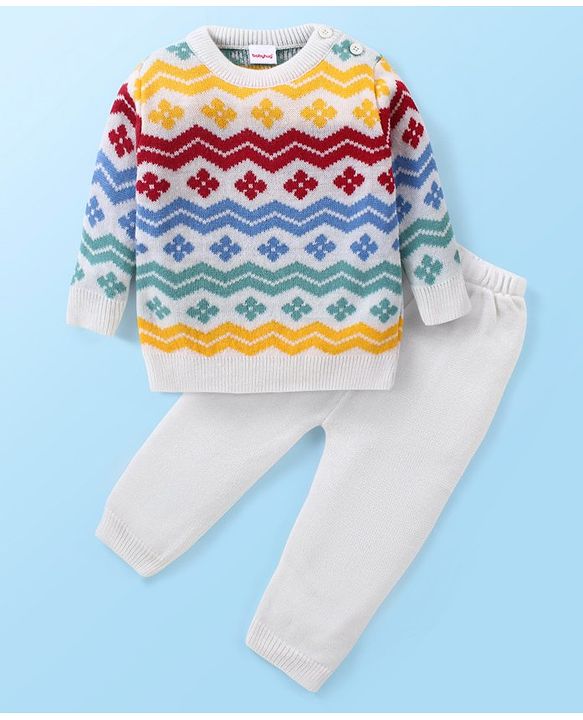 Babyhug Knitted Full Sleeves Floral Printed Sweater Set - Multicolour