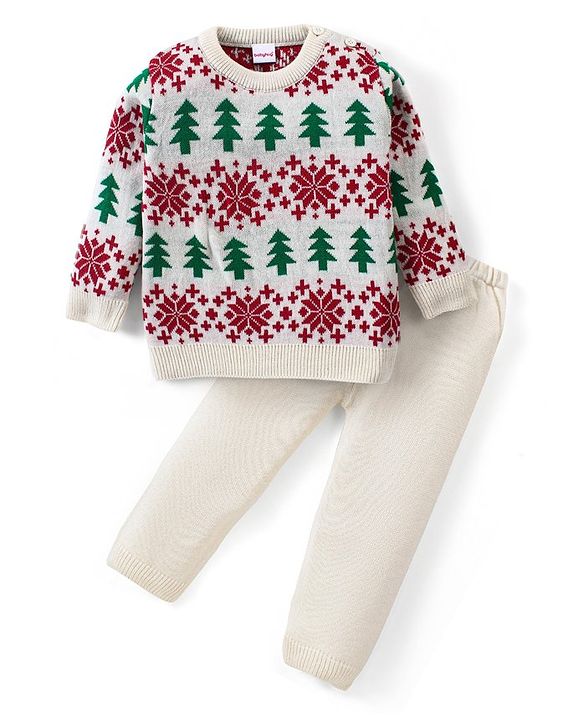 Babyhug Knitted Full Sleeves Sweater Set with Trees Design - Multicolour