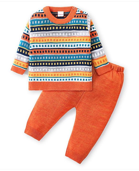 Babyhug Knitted Full Sleeves Striped Designed Sweater Set - Multicolour