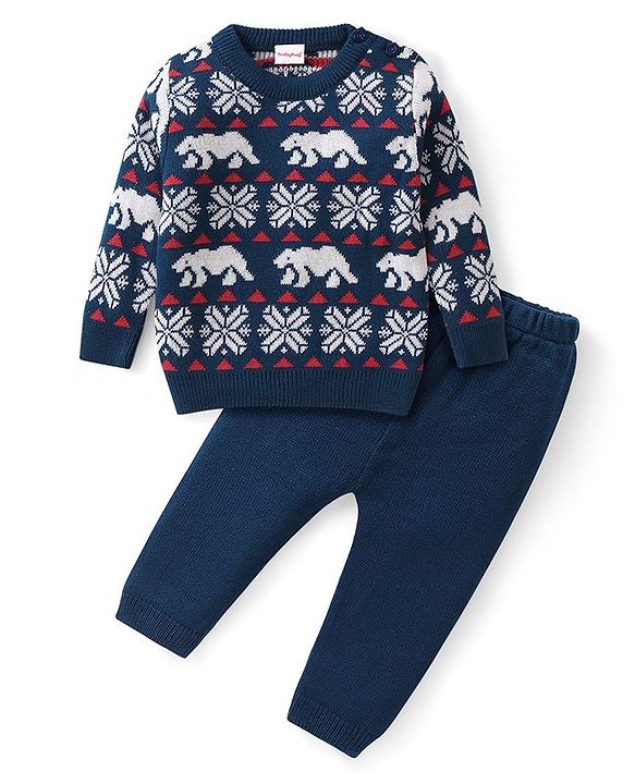 Babyhug Knitted Full Sleeves Sweater Set with Bear & Aztec Design - Navy Blue