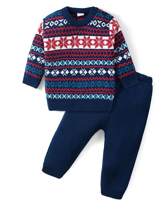Babyhug Knitted Full Sleeves Sweater Set with Intarsia Design - Blue Red & White