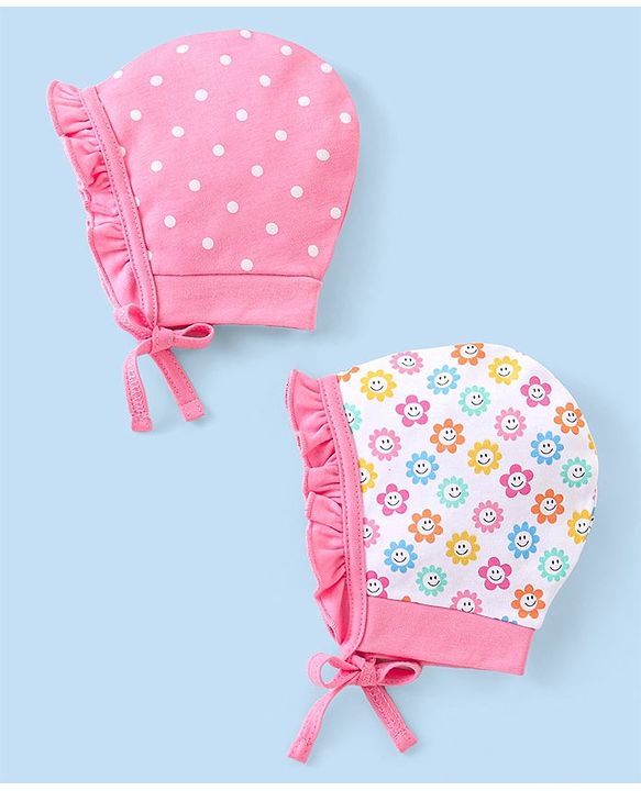 Babyhug 100% Cotton Bonnet Cap with Knot Polka Dot & Floral Print Pack of 2 - Pink