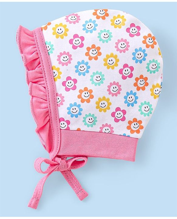 Babyhug 100% Cotton Bonnet Cap with Knot Polka Dot & Floral Print Pack of 2 - Pink