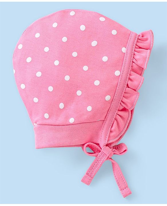 Babyhug 100% Cotton Bonnet Cap with Knot Polka Dot & Floral Print Pack of 2 - Pink