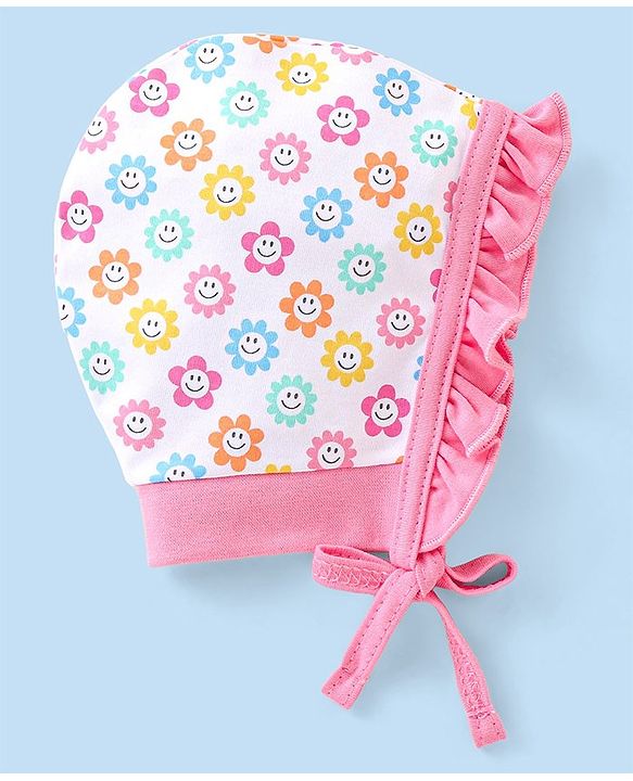 Babyhug 100% Cotton Bonnet Cap with Knot Polka Dot & Floral Print Pack of 2 - Pink