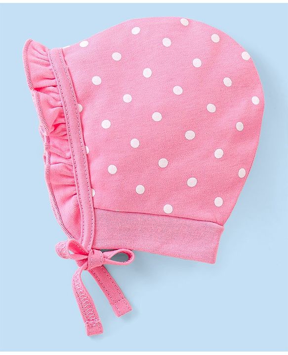 Babyhug 100% Cotton Bonnet Cap with Knot Polka Dot & Floral Print Pack of 2 - Pink
