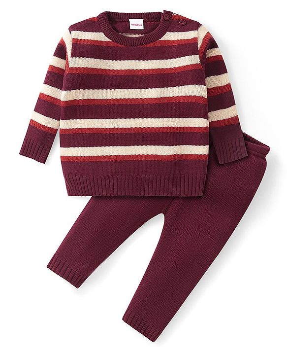 Babyhug Knitted Full Sleeves Sweater Set with Stripes - Maroon